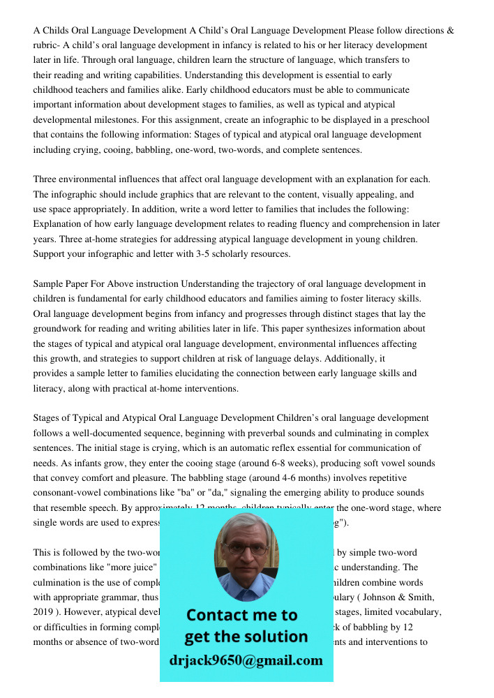 Please follow directions & rubric- A child’s oral language development in infancy is related to his or her literacy development later in life. Through oral lang