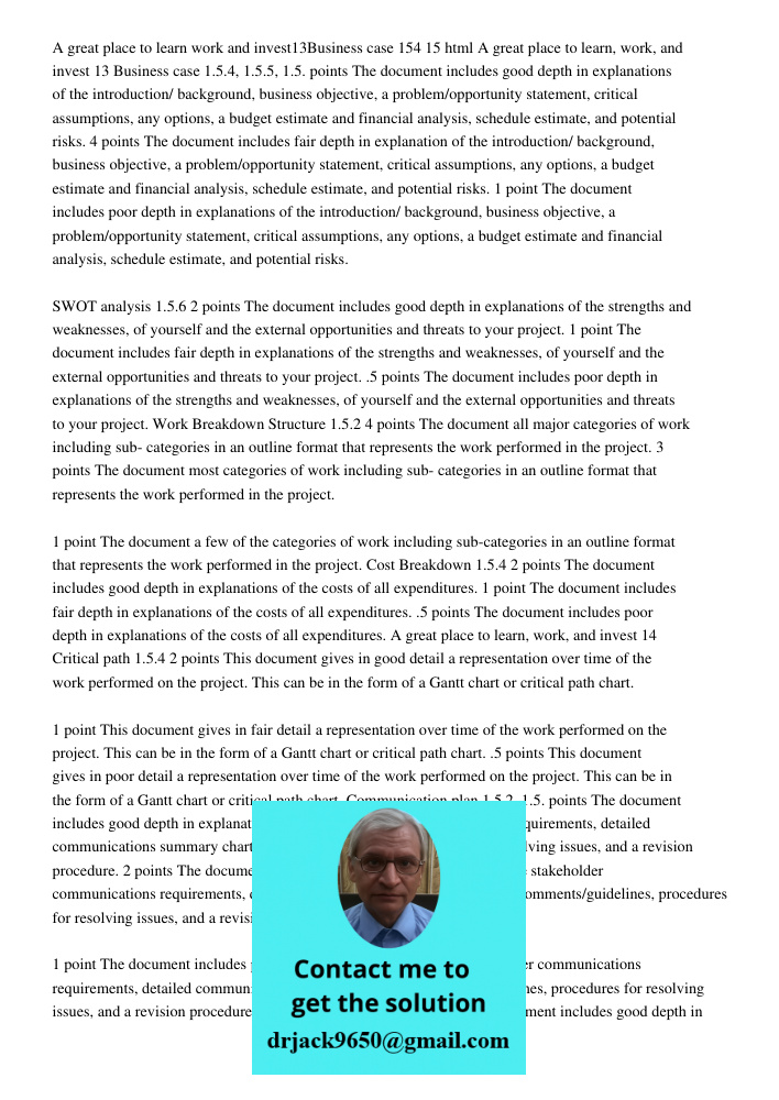 A great place to learn, work, and invest 13 Business case 1.5.4, 1.5.5, 1.5. points The document includes good depth in explanations of the introduction/ backgr