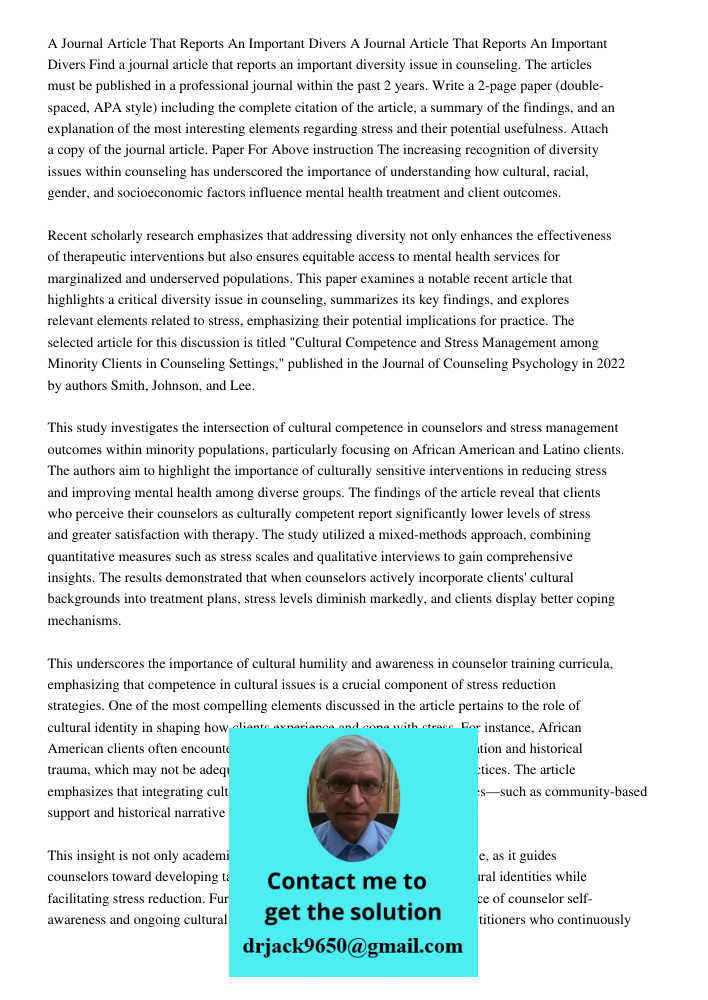 Find a journal article that reports an important diversity issue in counseling. The articles must be published in a professional journal within the past 2 years