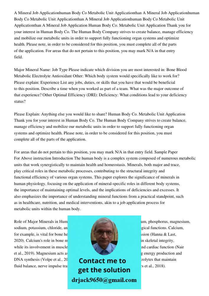 A Mineral Job Applicationhuman Body Co Metabolic Unit Applicationthan A Mineral Job Application Human Body Co. Metabolic Unit Application Thank you for your int