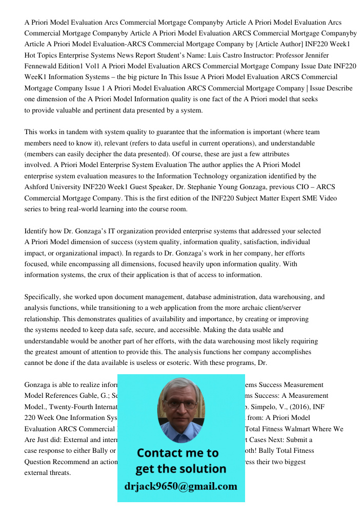 A Priori Model Evaluation ARCS Commercial Mortgage Companyby Article A Priori Model Evaluation-ARCS Commercial Mortgage Company by [Article Author] INF220 Week1