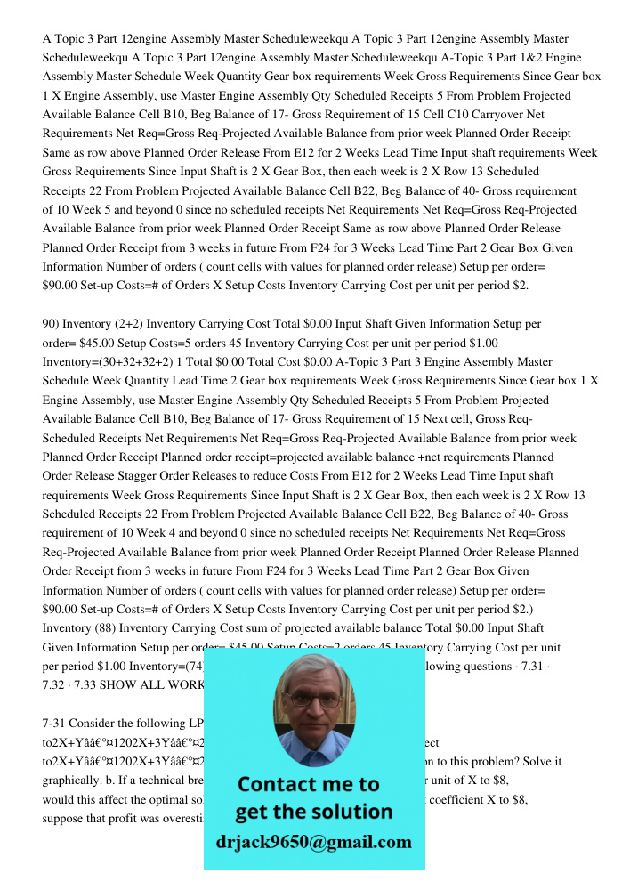 A Topic 3 Part 12engine Assembly Master Scheduleweek123456789101112qu A-Topic 3 Part 1&2 Engine Assembly Master Schedule Week Quantity Gear box requirements Wee