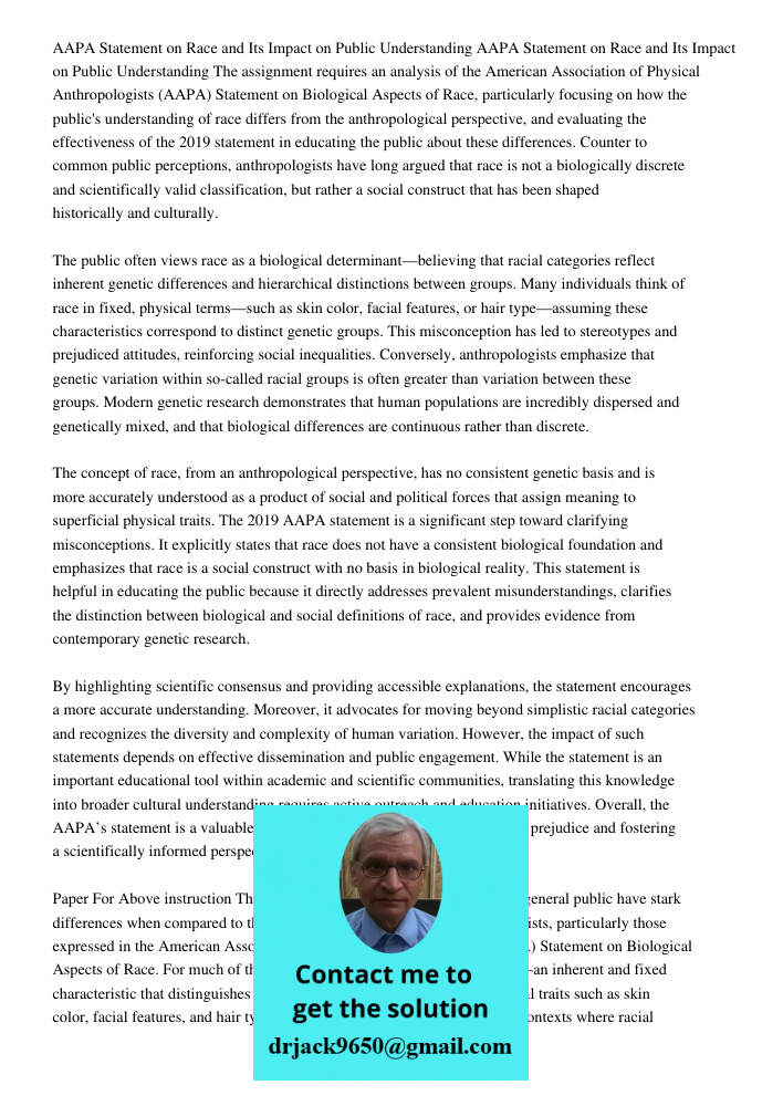 The assignment requires an analysis of the American Association of Physical Anthropologists (AAPA) Statement on Biological Aspects of Race, particularly focusin