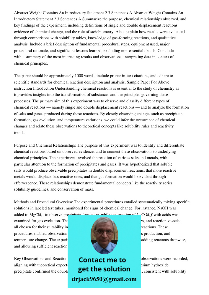 Summarize the purpose, chemical relationships observed, and key findings of the experiment, including definitions of single and double displacement reactions, e