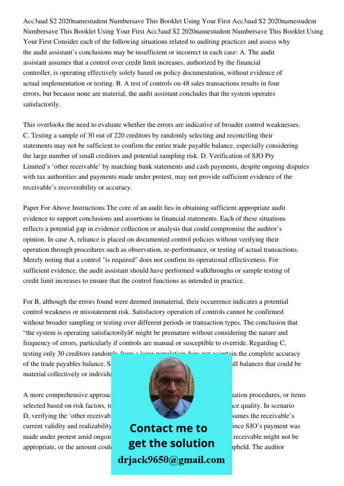 Acc3aud S2 2020namestudent Numbersave This Booklet Using Your First Consider each of the following situations related to auditing practices and assess why the a