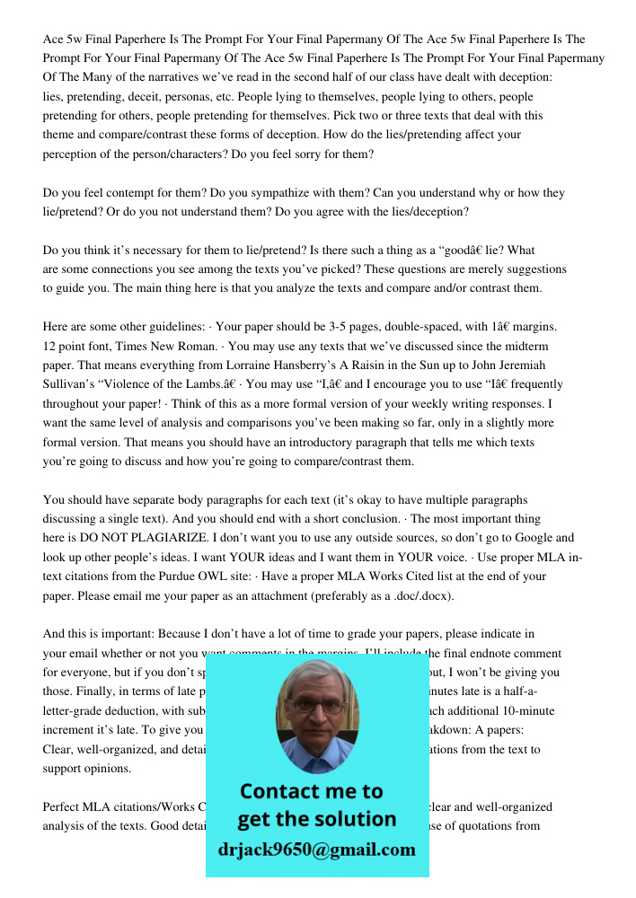 Ace 5w Final Paperhere Is The Prompt For Your Final Papermany Of The Many of the narratives we’ve read in the second half of our class have dealt with deception