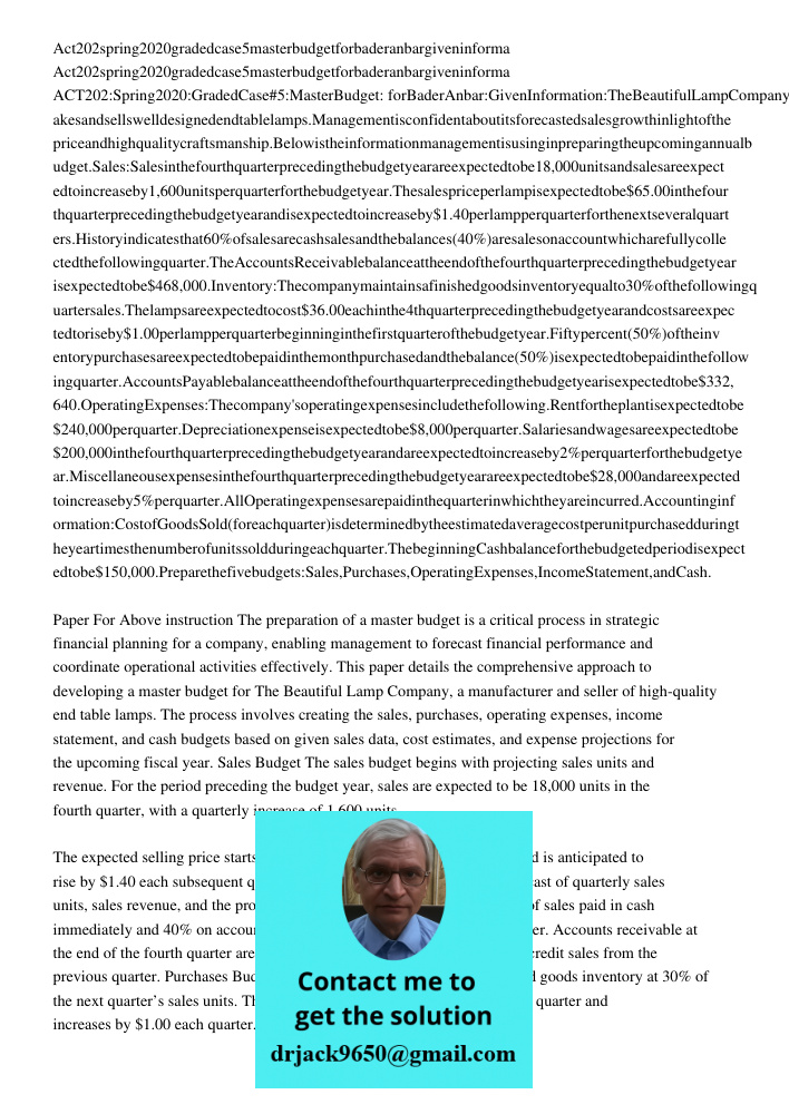 ACT202:Spring2020:GradedCase#5:MasterBudget: forBaderAnbar:GivenInformation:TheBeautifulLampCompanymakesandsellswelldesignedendtablelamps.Managementisconfidenta