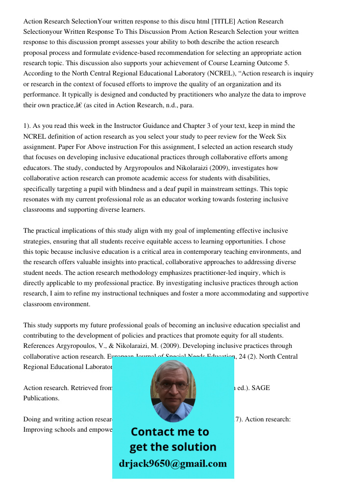 [TITLE] Action Research Selectionyour Written Response To This Discussion Prom Action Research Selection your written response to this discussion prompt assesse