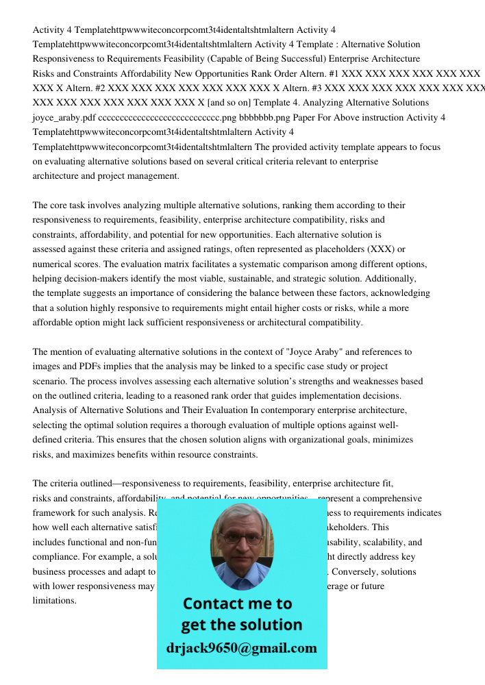 Activity 4 Template : Alternative Solution Responsiveness to Requirements Feasibility (Capable of Being Successful) Enterprise Architecture Risks and Constraint