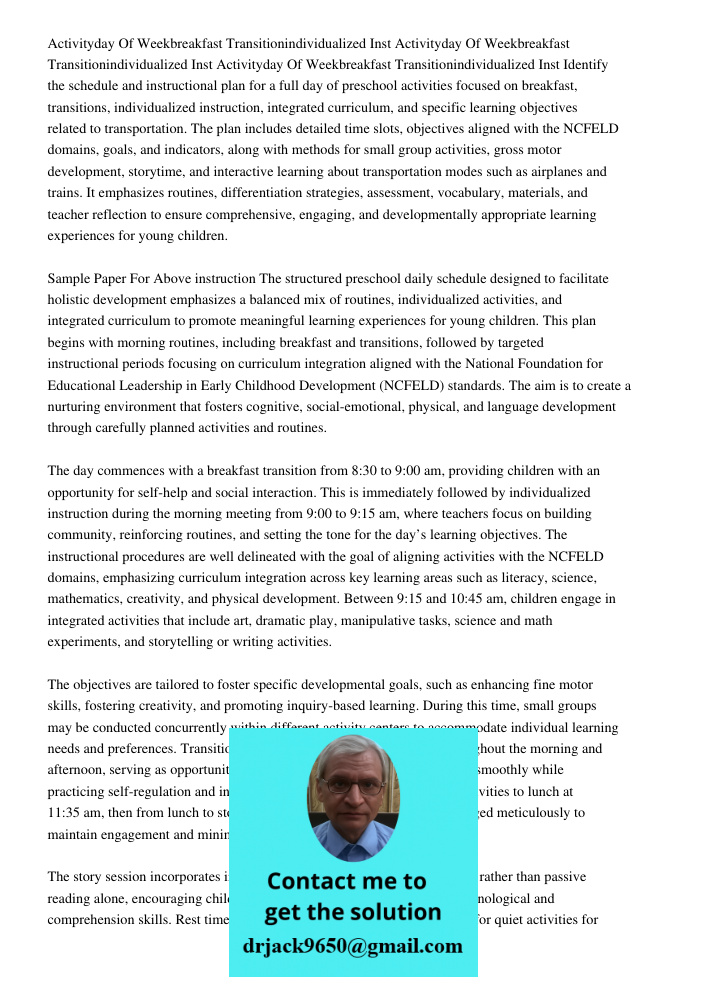 Activityday Of Weekbreakfast Transition830 900individualized Inst Identify the schedule and instructional plan for a full day of preschool activities focused on