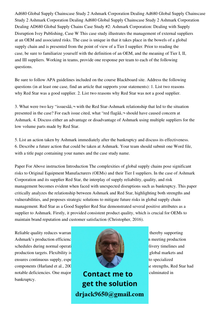 Ad680 Global Supply Chainscase Study 2 Ashmark Corporation Dealing AD680 Global Supply Chains Case Study #2: Ashmark Corporation: Dealing with Supply Disruption