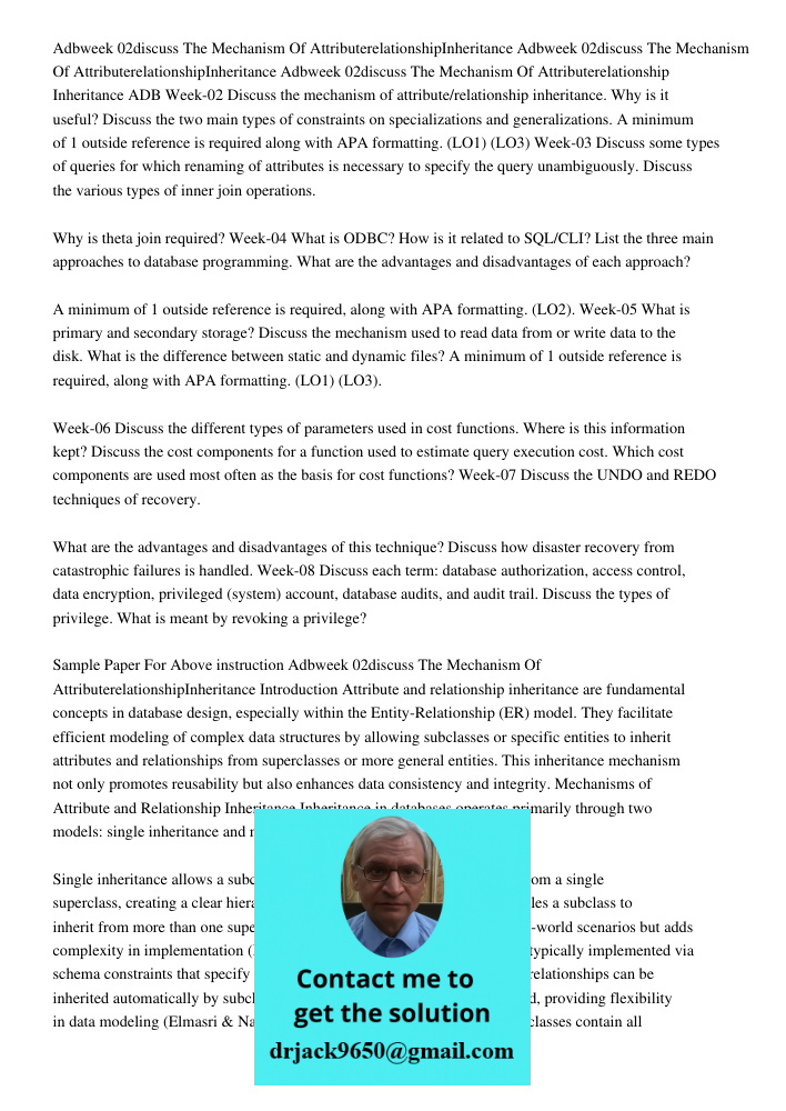 Adbweek 02discuss The Mechanism Of Attributerelationship Inheritance ADB Week-02 Discuss the mechanism of attribute/relationship inheritance. Why is it useful? 
