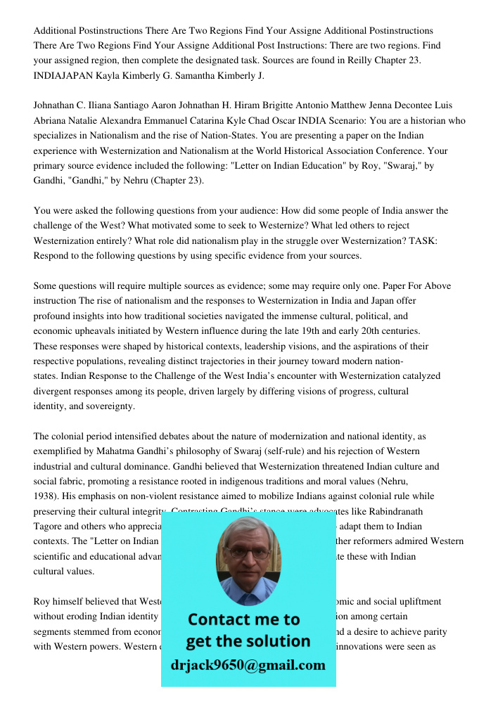 Additional Post Instructions: There are two regions. Find your assigned region, then complete the designated task. Sources are found in Reilly Chapter 23. INDIA