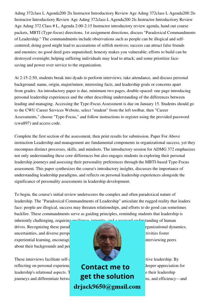 Admg 372class L Agenda200 2ls Instructor Introductiory Review Age Admg 372 Class # L, Agenda 2:00-2:15 Instructor introductory review agenda, hand out course pa