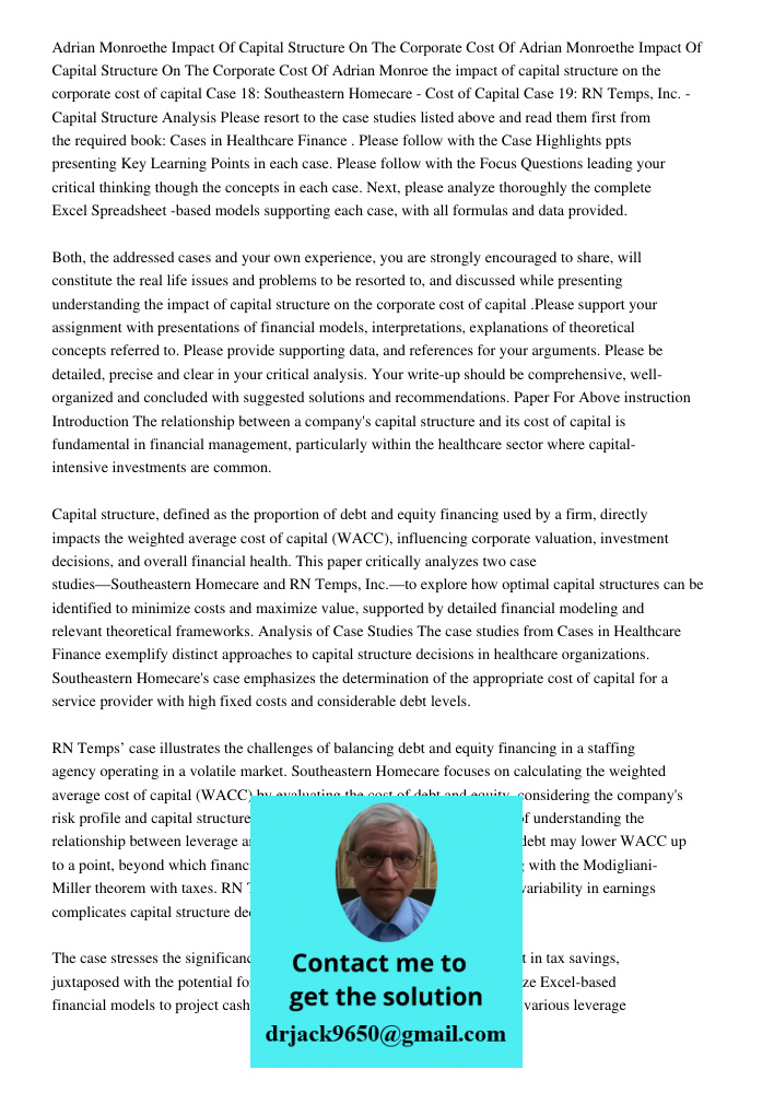 Adrian Monroe the impact of capital structure on the corporate cost of capital Case 18: Southeastern Homecare - Cost of Capital Case 19: RN Temps, Inc. - Capita