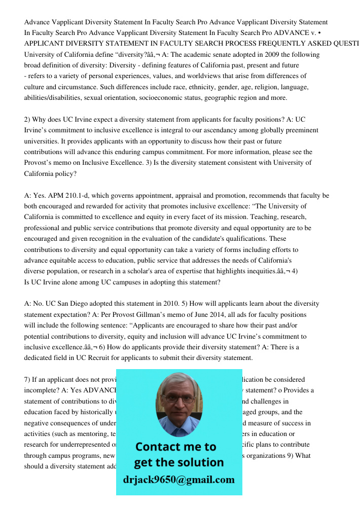 Advance V09212015applicant Diversity Statement In Faculty Search Pro ADVANCE v. • APPLICANT DIVERSITY STATEMENT IN FACULTY SEARCH PROCESS FREQUENTLY ASKED QUEST