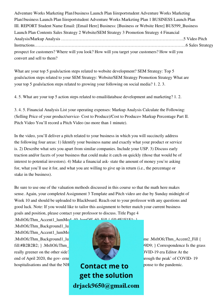 Adventure Works Marketing Plan 1 BUSINESS Launch Plan III. REPORT Student Name Email: [Email Here] Business: [Business or Website Here] BUS599_Business Launch P