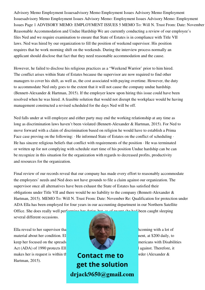 Advisory Memo: Employment Issues Advisory Memo: Employment Issues Page 1 ADVISORY MEMO: EMPLOYMENT ISSUES 5 MEMO To: Will N. Trust From: Date: November Re: Reas