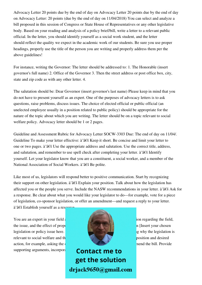 Advocacy Letter 20 points due by the end of day on 11 04 2018 You can select and analyze a bill proposed in this session of Congress or State House of Represent
