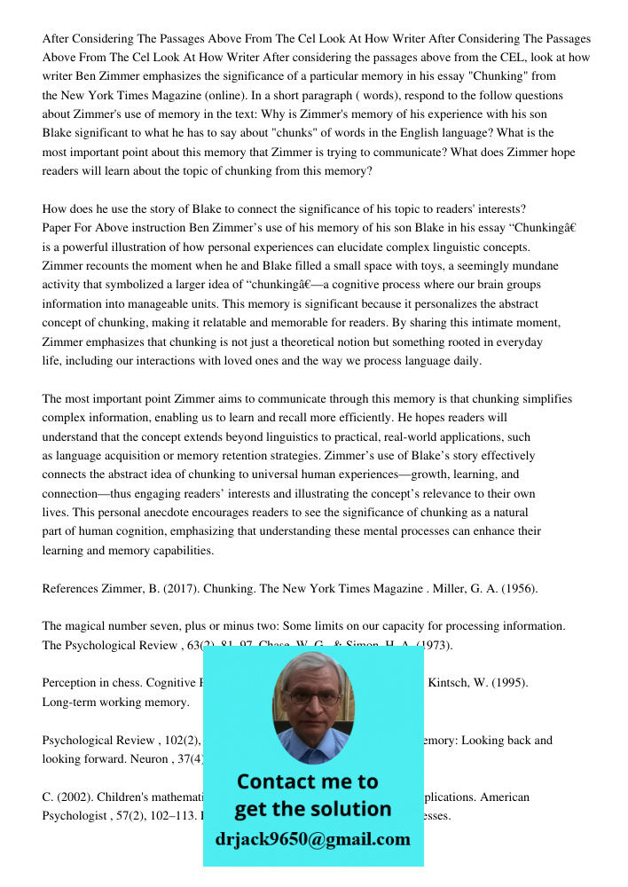 After considering the passages above from the CEL, look at how writer Ben Zimmer emphasizes the significance of a particular memory in his essay "Chunking" from