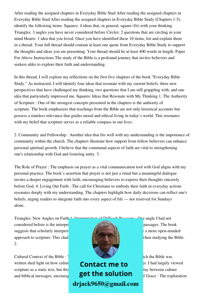 After reading the assigned chapters in Everyday Bible Study (Chapters 1-5), identify the following items: Squares: 4 ideas that, in general, square (fit) with y