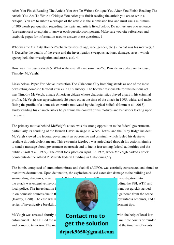 After you finish reading the article you are to write a critique. You are to submit a critique of the article in the submission box and must use a minimum of 30