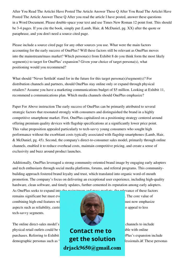 After you read the article I have posted, answer these questions in a Word Document. Please double-space your text and use Times New Roman 12 point font. This s