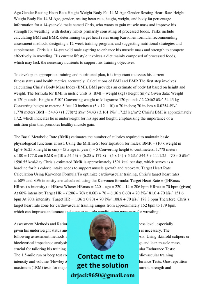 Age, gender, resting heart rate, height, weight, and body fat percentage information for a 14-year-old male named Chris, who wants to gain muscle mass and impro