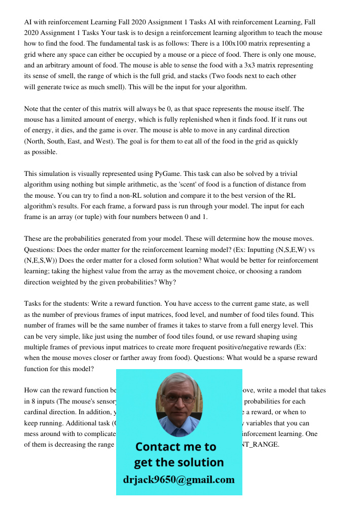 Your task is to design a reinforcement learning algorithm to teach the mouse how to find the food. The fundamental task is as follows: There is a 100x100 matrix