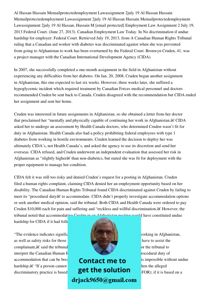 Al Hassan Hussain Memailprotectedemployment Lawassignment 2july 19 Al Hassan, Hussain M [email protected] Employment Law Assignment 2 July 19, 2013 Federal Cour