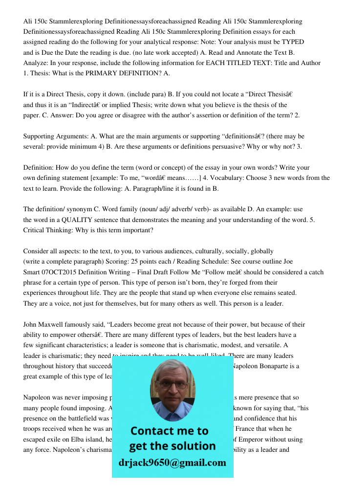 Ali 150c Stammlerexploring Definition essays for each assigned reading do the following for your analytical response: Note: Your analysis must be TYPED and is D