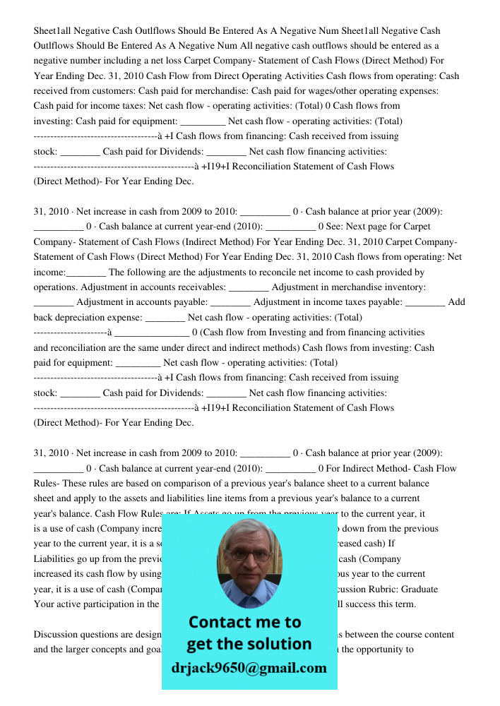 All negative cash outflows should be entered as a negative number including a net loss Carpet Company- Statement of Cash Flows (Direct Method) For Year Ending D
