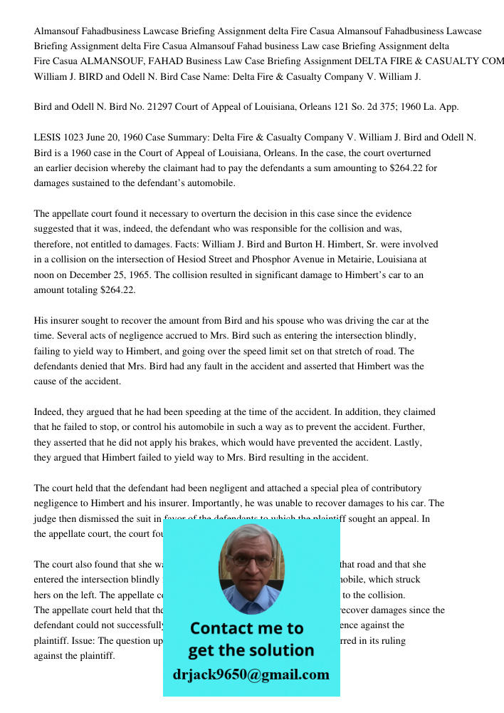 Almansouf Fahad business Law case Briefing Assignment delta Fire Casua ALMANSOUF, FAHAD Business Law Case Briefing Assignment DELTA FIRE & CASUALTY COMPANY v. W