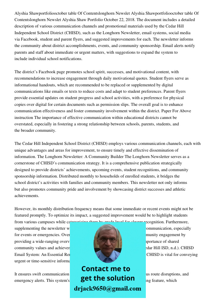 Alyshia Shaw Portfolio October 22, 2018. The document includes a detailed description of various communication channels and promotional materials used by the Ce