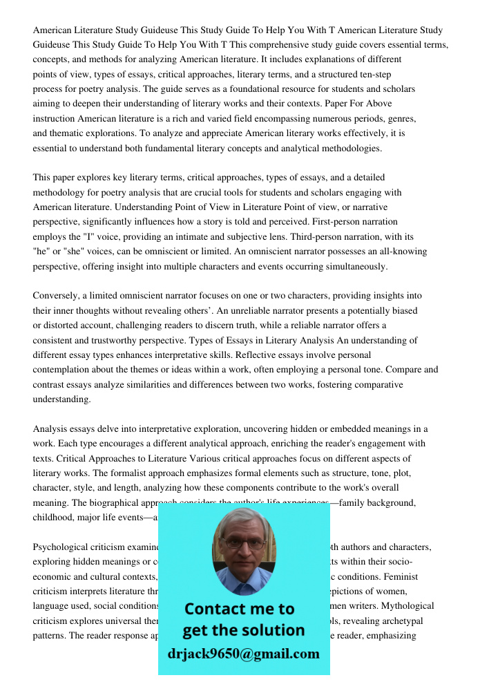 This comprehensive study guide covers essential terms, concepts, and methods for analyzing American literature. It includes explanations of different points of 