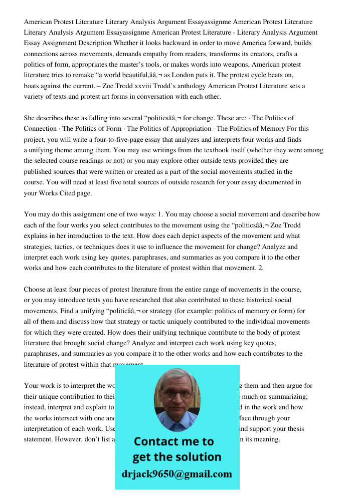 American Protest Literature - Literary Analysis Argument Essay Assignment Description Whether it looks backward in order to move America forward, builds connect