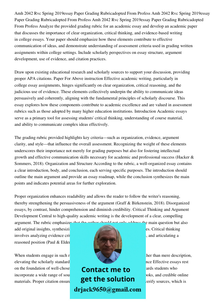 Amh 2042 Rvc Spring 2019essay Paper Grading Rubricadopted From Profess Analyze the provided grading rubric for an academic essay and develop an academic paper t