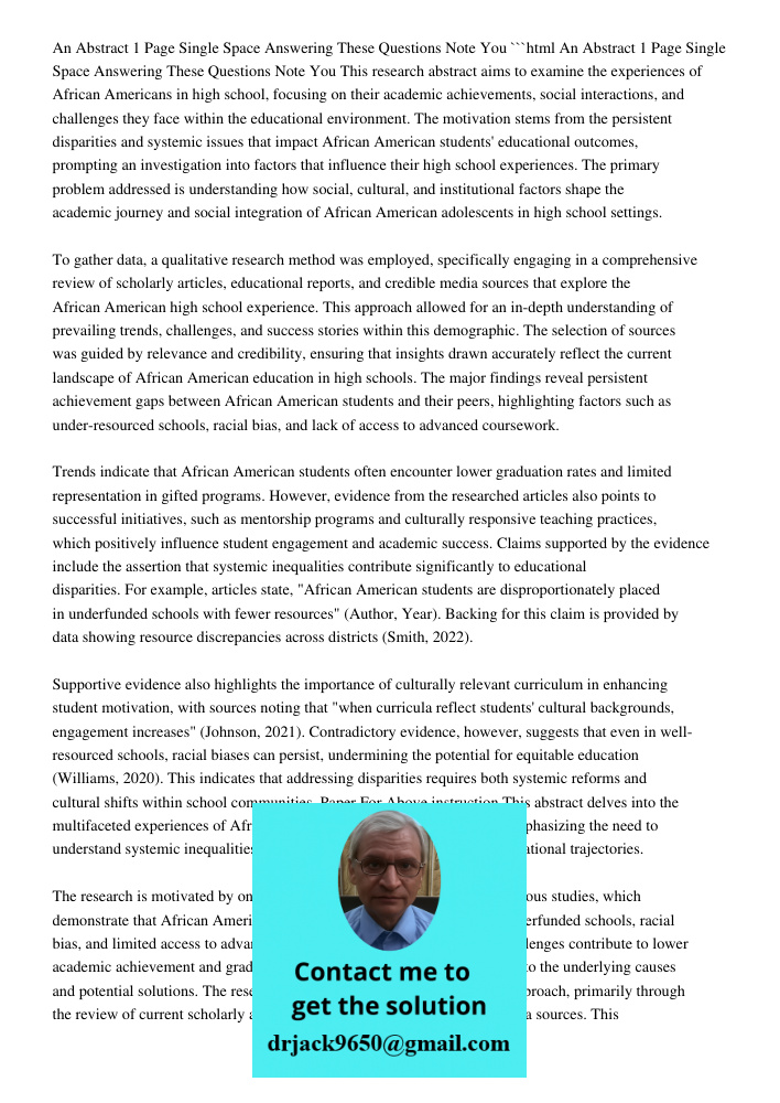 An Abstract One Page Single Space Answering These Questions