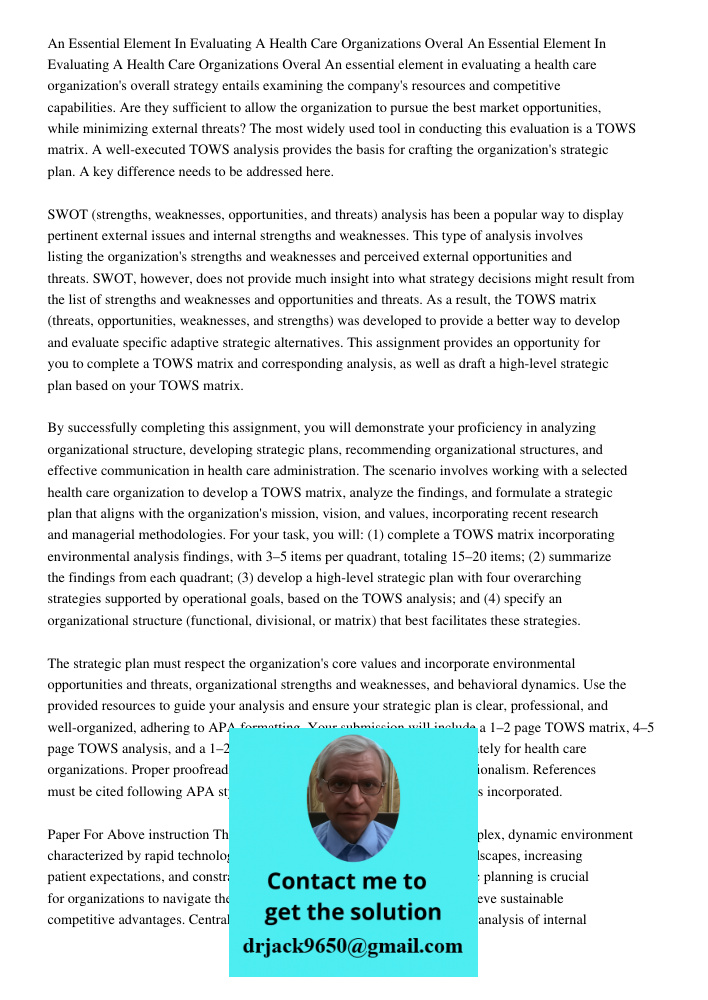 An essential element in evaluating a health care organization's overall strategy entails examining the company's resources and competitive capabilities. Are the