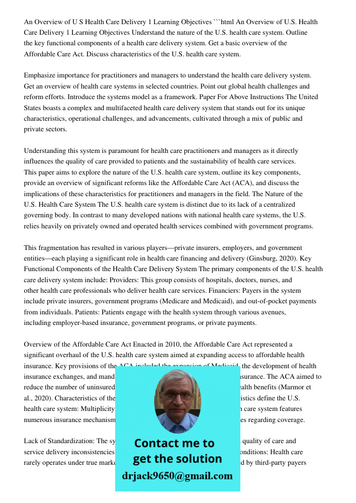 An Overview Of U.S. Health Care Delivery: Learning Objective