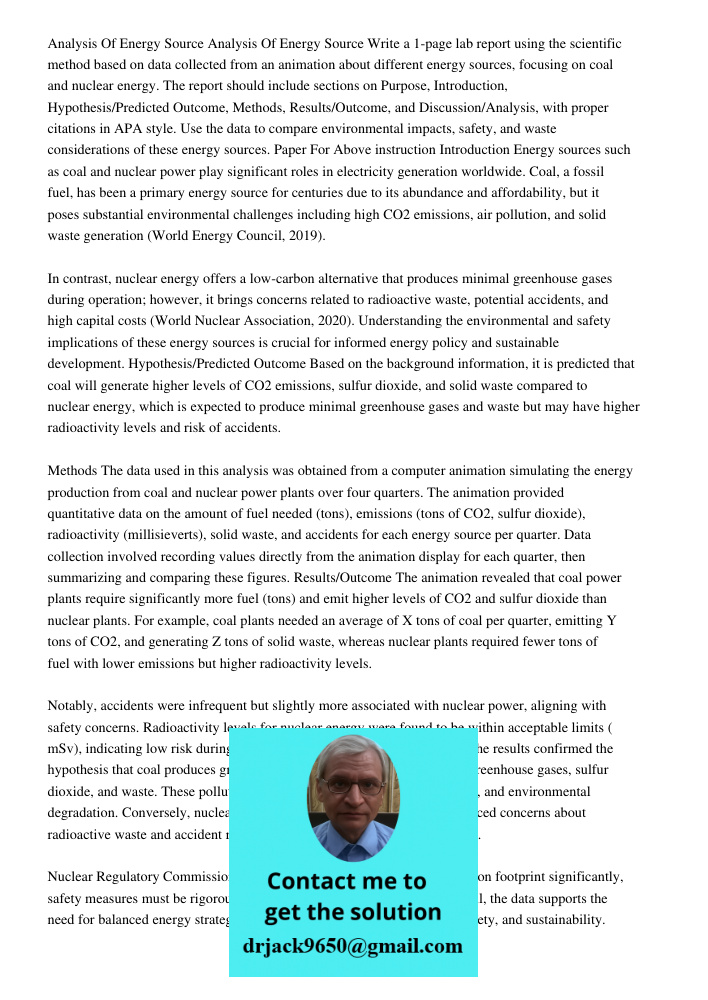 Write a 1-page lab report using the scientific method based on data collected from an animation about different energy sources, focusing on coal and nuclear ene