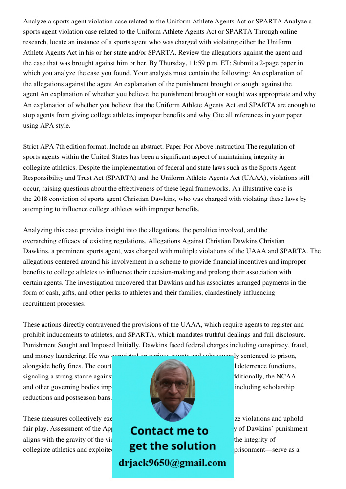Through online research, locate an instance of a sports agent who was charged with violating either the Uniform Athlete Agents Act in his or her state and/or SP
