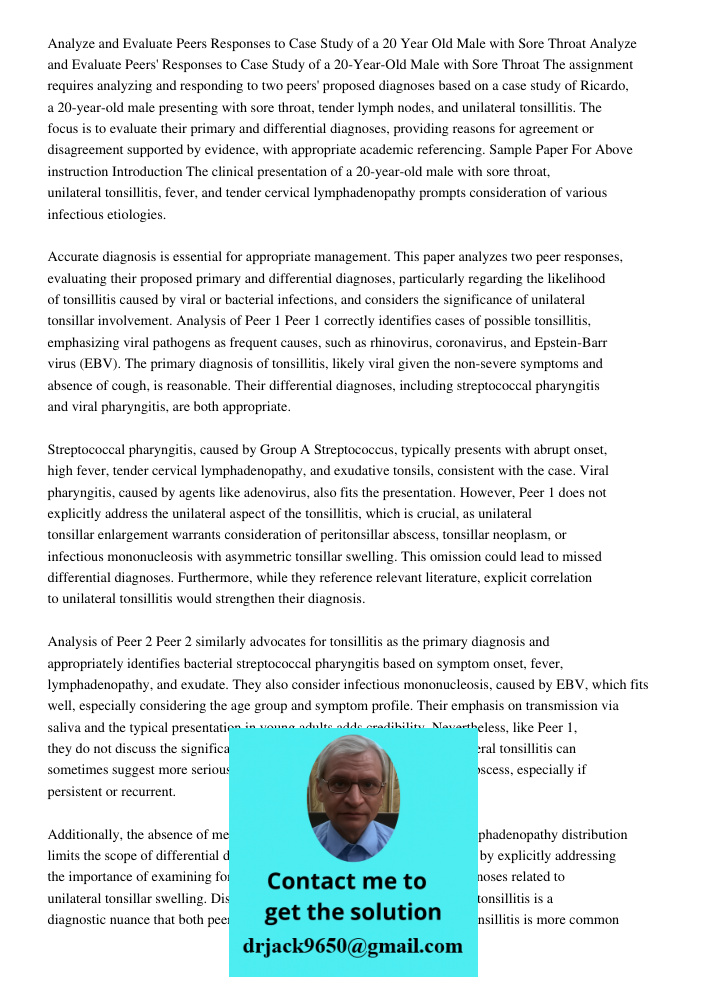 The assignment requires analyzing and responding to two peers' proposed diagnoses based on a case study of Ricardo, a 20-year-old male presenting with sore thro