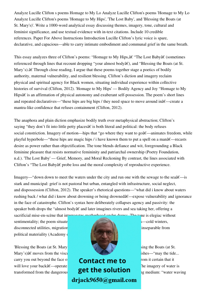 Analyze Lucille Clifton's poems 'Homage to My Hips', 'The Lost Baby', and 'Blessing the Boats (at St. Mary's)'. Write a 1000-word analytical essay discussing th