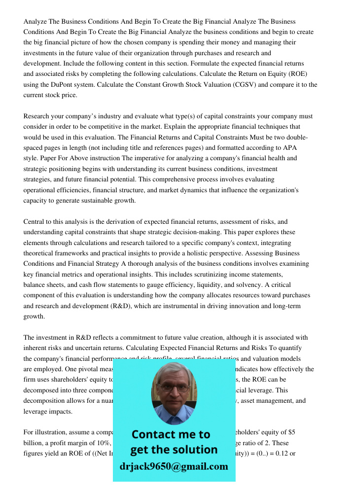 Analyze the business conditions and begin to create the big financial picture of how the chosen company is spending their money and managing their investments i