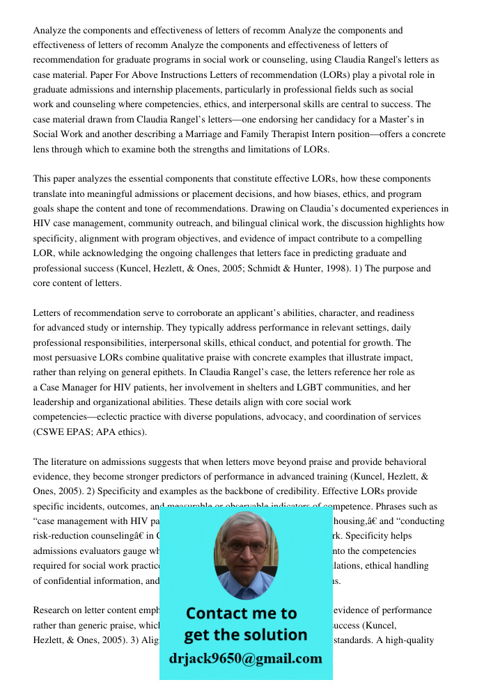 Analyze the components and effectiveness of letters of recommendation for graduate programs in social work or counseling, using Claudia Rangel's letters as case