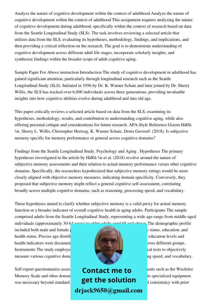 This assignment requires analyzing the nature of cognitive development during adulthood, specifically within the context of research based on data from the Seat