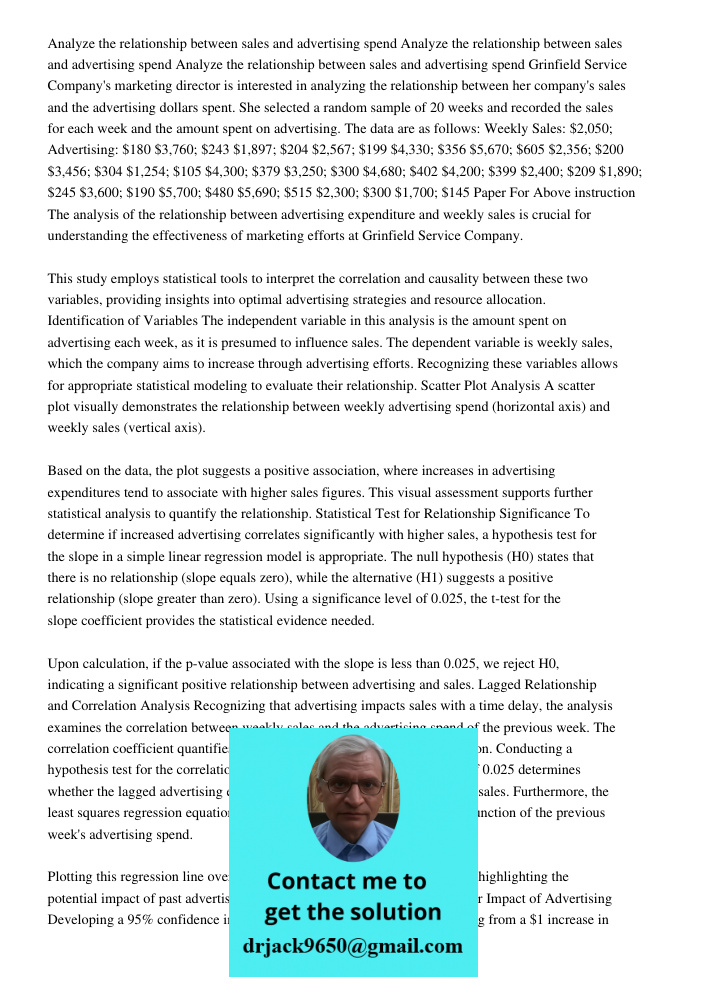 Analyze the relationship between sales and advertising spend Grinfield Service Company's marketing director is interested in analyzing the relationship between 