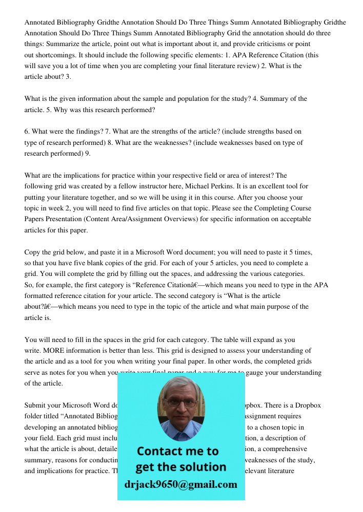 Annotated Bibliography Grid the annotation should do three things: Summarize the article, point out what is important about it, and provide criticisms or point 