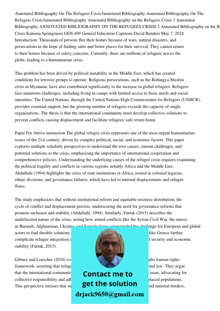 Annotated Bibliography on the Refugees Crisis 3 Annotated Bibliography ANNOTATED BIBLIOGRAPHY ON THE REFUGEES CRISIS 3 Annotated Bibliography on the Refugees Cr